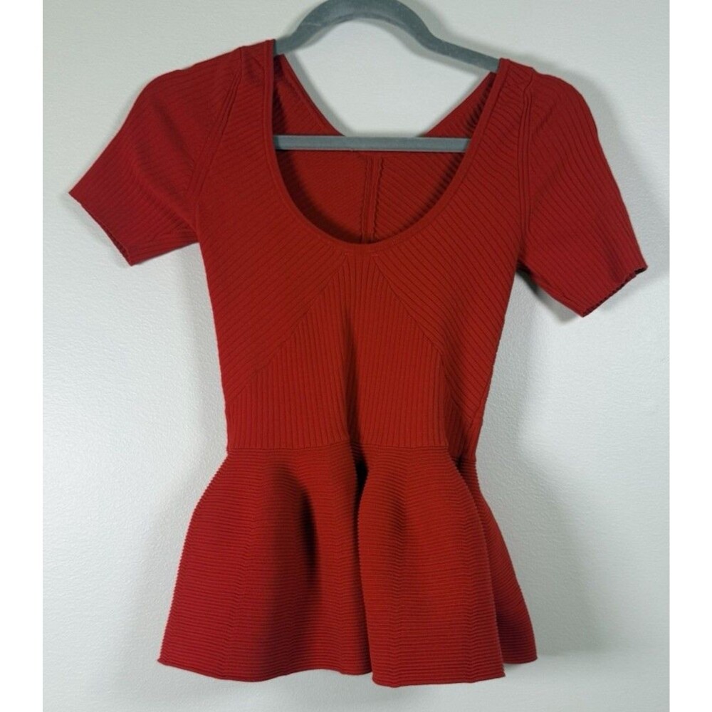 Maeve Womens Red Solid Knit Peplum Scoop Neck Short Sleeve Stretch Blouse - S